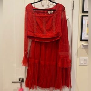 Anthropologie set in Red Mesh with crochet and pin tucks and pleats.